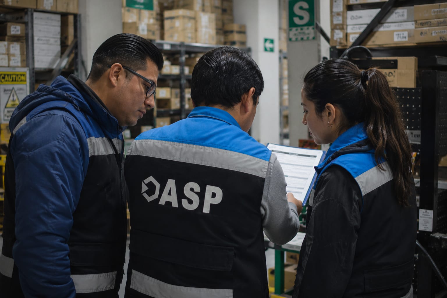 Equipo ASP Grupo Empresarial enfocando a líder con chaleco